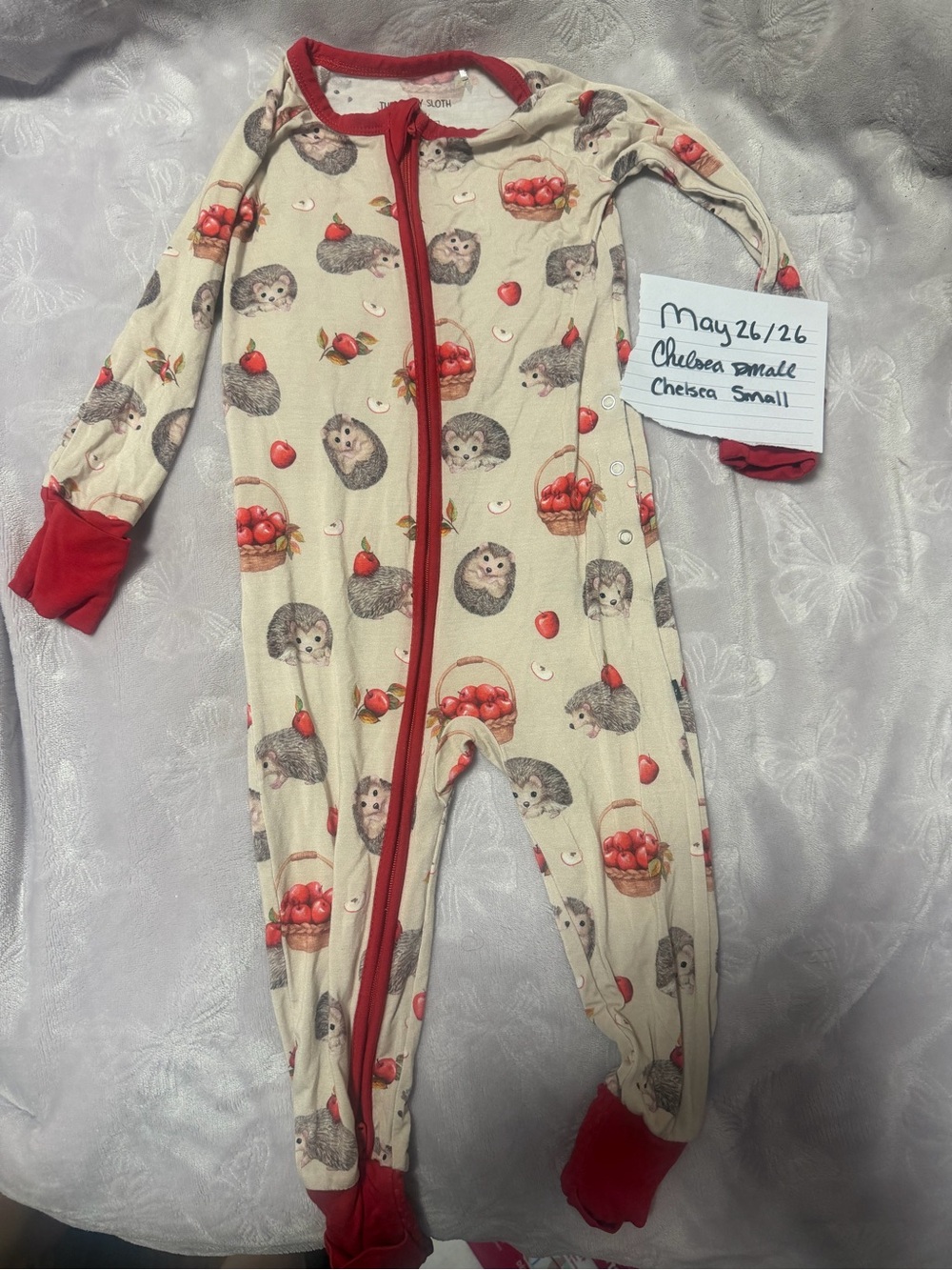 Cream Hedgehog Print Kids Footie with Red Trim